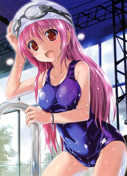 Anime picture 2058x2846 with original komatsu eiji long hair tall image blush highres open mouth light erotic red eyes pink hair girl swimsuit one-piece swimsuit goggles school swimsuit