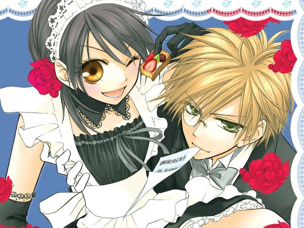 Anime picture 1200x900 with kaichou wa maid-sama! ayuzawa misaki takumi usui open mouth black hair blonde hair brown eyes green eyes one eye closed hair flower wink maid couple mouth hold girl boy gloves hair ornament flower (flowers) glasses
