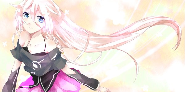 Anime picture 1598x801 with vocaloid ia (vocaloid) single fringe blonde hair wide image bare shoulders braid (braids) very long hair light smile twin braids multicolored eyes girl skirt detached sleeves pink skirt