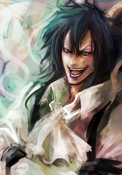 Anime picture 1430x2048 with one piece toei animation caesar clown torapunch single long hair tall image looking at viewer fringe open mouth black hair smile hair between eyes brown eyes signed upper body horn (horns) teeth twitter username lipstick