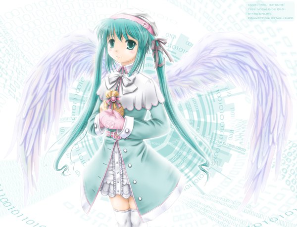 Anime picture 1500x1150 with vocaloid hatsune miku long hair simple background white background twintails aqua eyes aqua hair girl thighhighs ribbon (ribbons) wings headdress mittens
