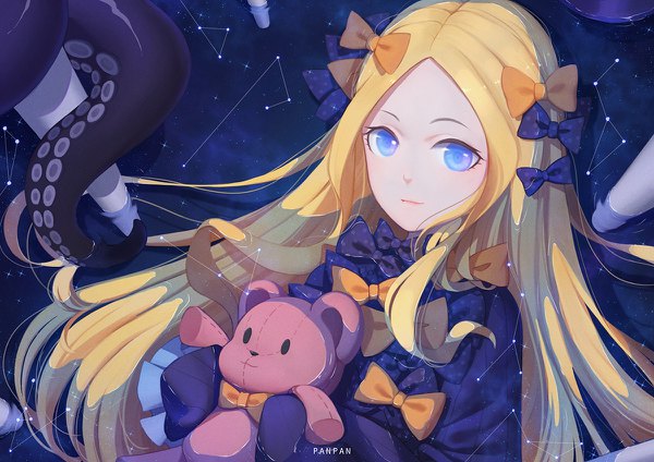 Anime picture 1200x848 with fate (series) fate/grand order abigail williams (fate) panpanmeiyou hp single long hair blue eyes blonde hair signed upper body night night sky afloat constellation girl bow hair bow star (stars) toy stuffed animal