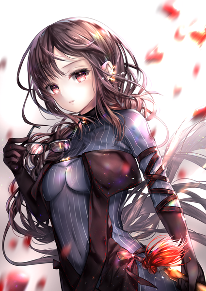 Anime picture 2150x3035 with fate (series) fate/grand order yu mei-ren (fate) hane yuki single long hair tall image looking at viewer blush fringe highres breasts light erotic simple background red eyes brown hair standing holding payot upper body