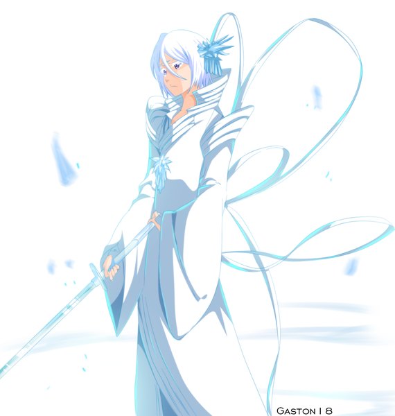 Anime picture 1140x1200 with bleach studio pierrot kuchiki rukia tongasart single tall image short hair simple background white background purple eyes white hair traditional clothes japanese clothes coloring girl ribbon (ribbons) weapon sword kimono katana