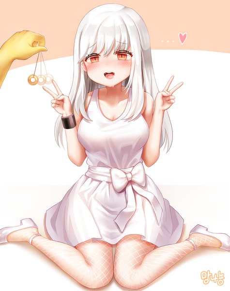 Anime picture 3800x4800 with original honyang long hair tall image looking at viewer blush fringe highres breasts open mouth simple background smile hair between eyes large breasts white background sitting signed payot absurdres bent knee (knees)