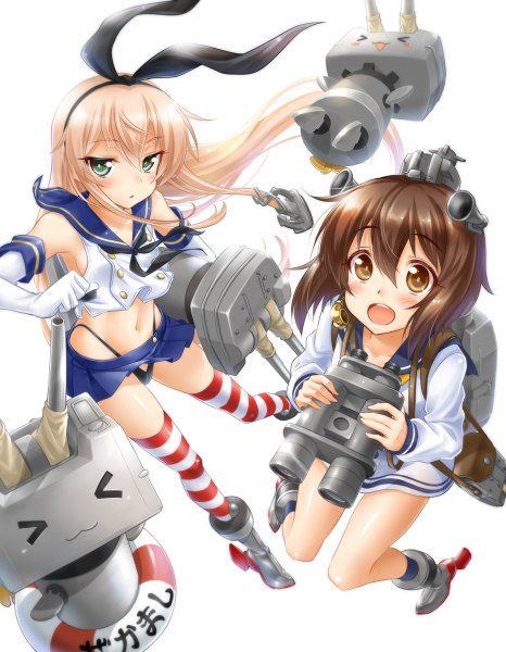 Anime picture 932x1200 with kantai collection shimakaze destroyer rensouhou-chan yukikaze destroyer okitakung long hair tall image looking at viewer blush short hair open mouth blue eyes light erotic simple background blonde hair brown hair white background multiple girls brown eyes girl
