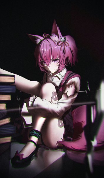 Anime picture 2000x3400 with arknights shamare (arknights) ressec single tall image looking at viewer fringe highres short hair light erotic hair between eyes sitting purple eyes animal ears purple hair tail animal tail tattoo torn clothes black background