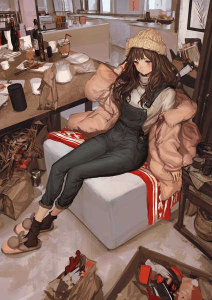 Anime picture 2500x3536 with original lm7 (op-center) single long hair tall image looking at viewer blush fringe highres hair between eyes brown hair sitting brown eyes full body indoors from above off shoulder open clothes adjusting hair girl