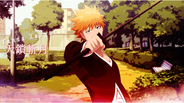 Anime picture 2568x1440 with bleach studio pierrot kurosaki ichigo palmereap single highres short hair wide image brown eyes japanese clothes orange hair inscription coloring hieroglyph boy weapon plant (plants) sword tree (trees) kimono