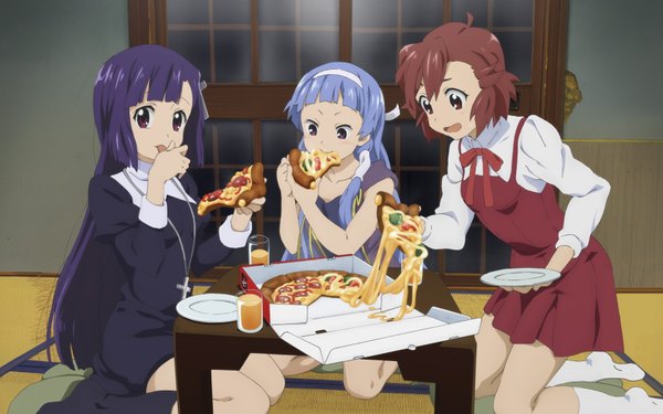 Anime picture 1680x1050 with kannagi nagi (kannagi) zange aoba tsugumi highres wide image sliding doors shouji pizza