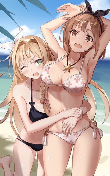 Anime picture 1282x2047 with atelier (series) atelier ryza gust (company) reisalin stout klaudia valentz basil (st 1) long hair tall image blush fringe short hair breasts open mouth light erotic blonde hair smile brown hair large breasts standing multiple girls