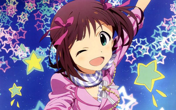 Anime picture 1920x1200 with idolmaster amami haruka single highres short hair open mouth brown hair wide image green eyes one eye closed wink girl ribbon (ribbons) hair ribbon star (symbol)