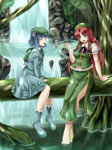 Anime picture 900x1200 with touhou hong meiling kawashiro nitori mochi.f long hair tall image short hair open mouth blue eyes sitting multiple girls blue hair red hair braid (braids) happy waterfall girl skirt 2 girls hat