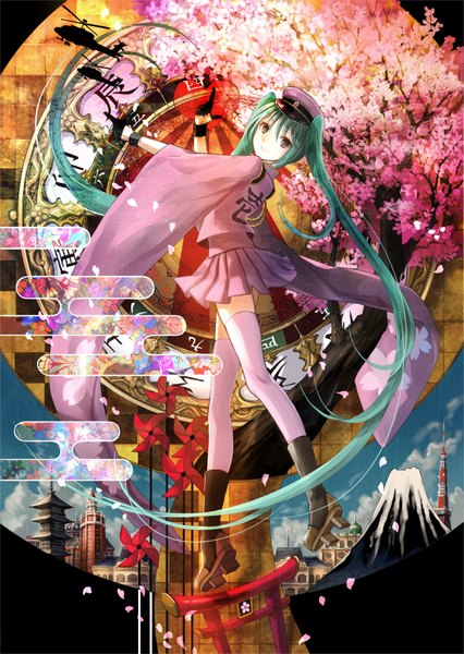 Anime picture 1128x1588 with vocaloid senbonzakura (vocaloid) hatsune miku fuzichoco tall image looking at viewer smile twintails brown eyes very long hair green hair wide sleeves zettai ryouiki cherry blossoms cityscape girl thighhighs skirt gloves uniform