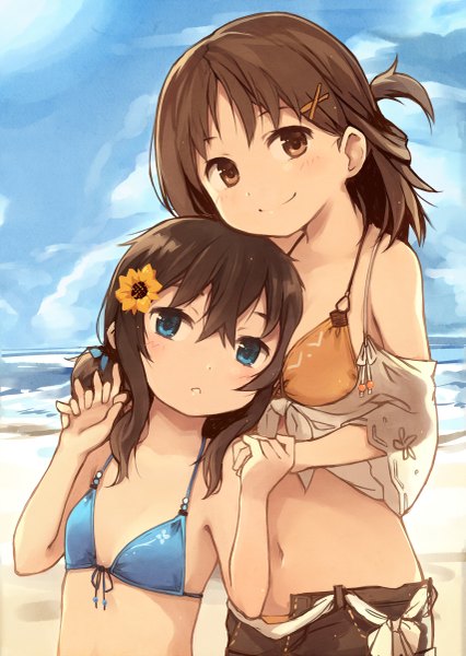 Anime picture 853x1200 with original girls log vol.5 - kyuri illustration works 2014 summer vacation kyuri long hair tall image looking at viewer blush breasts blue eyes light erotic brown hair multiple girls brown eyes looking away sky cloud (clouds) outdoors ponytail hair flower light smile