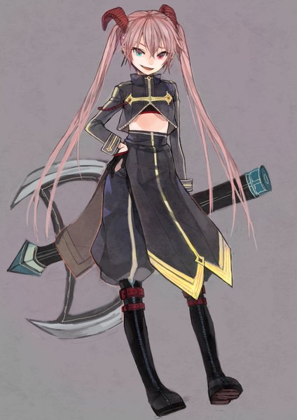 Anime picture 1500x2122 with original sono (pixiv) single long hair tall image simple background twintails pink hair horn (horns) teeth fang (fangs) heterochromia girl thigh boots huge weapon