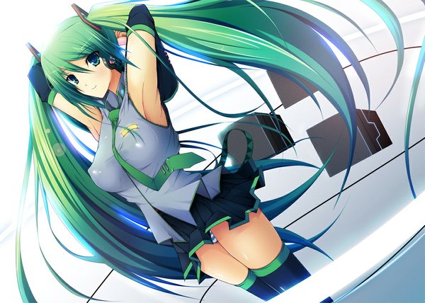 Anime picture 1024x732 with vocaloid hatsune miku stanaka (artist) single long hair breasts light erotic smile twintails aqua eyes aqua hair armpit (armpits) pantyshot arms behind head girl thighhighs skirt black thighhighs detached sleeves miniskirt