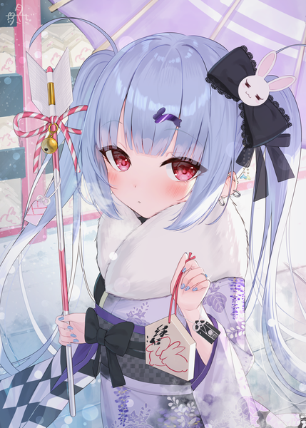Anime picture 1555x2174 with original tsukiman single long hair tall image looking at viewer blush fringe red eyes standing twintails holding signed payot blunt bangs nail polish traditional clothes japanese clothes fingernails wide sleeves