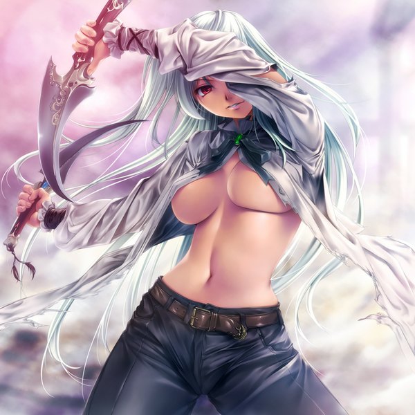 Anime picture 1000x1000 with original rezi single long hair breasts light erotic red eyes holding white hair open clothes midriff open shirt underboob dark skin dual wielding girl navel weapon belt knife