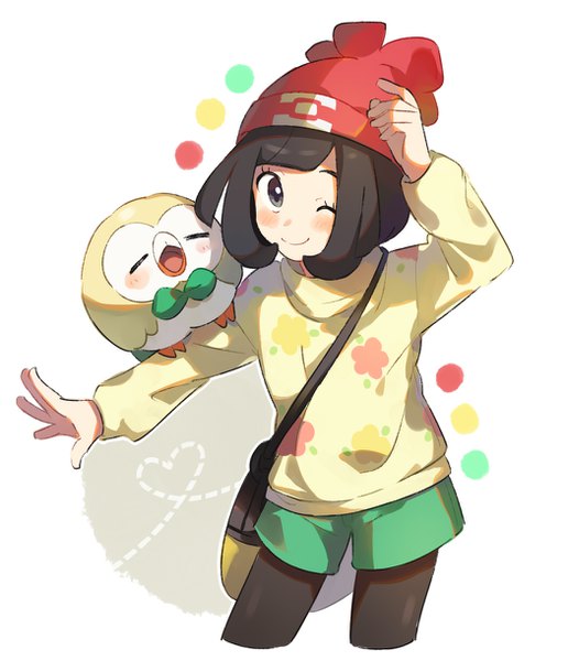 Anime picture 1050x1220 with pokemon pokemon sm nintendo selene (pokemon) rowlet unapoppo single tall image looking at viewer blush fringe short hair black hair smile white background black eyes outstretched arm heart of string bird on hand legwear under shorts