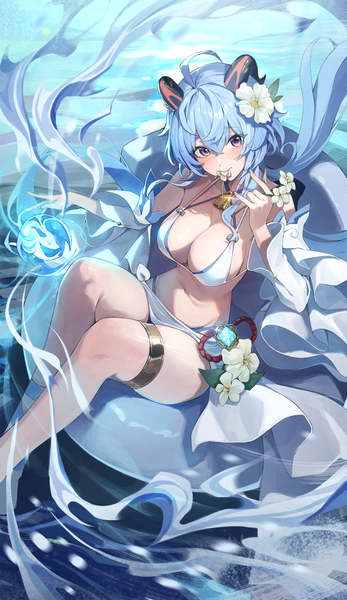 Anime picture 2151x3719 with genshin impact ganyu (genshin impact) netural single long hair tall image looking at viewer blush fringe highres breasts light erotic hair between eyes large breasts purple eyes holding blue hair cleavage ahoge bent knee (knees)