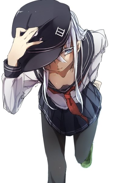 Anime-Bild 990x1400 mit kantai collection hibiki destroyer kyouya (mukuro238) single long hair tall image blue eyes light erotic simple background white background white hair pleated skirt leaning leaning forward hand on head girl skirt sailor suit anchor symbol anchor