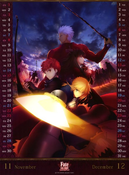 Anime picture 4969x6735 with fate (series) fate/stay night type-moon artoria pendragon (all) saber toosaka rin archer (fate) emiya shirou long hair tall image highres short hair blue eyes black hair blonde hair multiple girls brown eyes absurdres sky cloud (clouds)