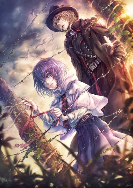 Anime picture 1771x2500 with original lira mist tall image fringe highres short hair blue eyes blonde hair hair between eyes standing signed animal ears yellow eyes looking away sky purple hair cloud (clouds) outdoors long sleeves parted lips