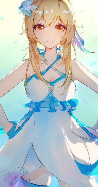 Anime picture 2480x4689 with genshin impact lumine (genshin impact) xetrov10 single long hair tall image looking at viewer fringe highres blonde hair smile hair between eyes standing yellow eyes cleavage hair flower hands on hips girl dress flower (flowers)