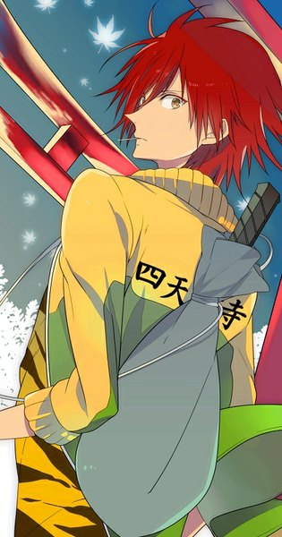 Anime picture 421x800 with prince of tennis tooyama kintarou nic (kevin) single tall image looking at viewer short hair brown eyes red hair from below boy uniform leaf (leaves) gym uniform torii maple leaf tennis racket