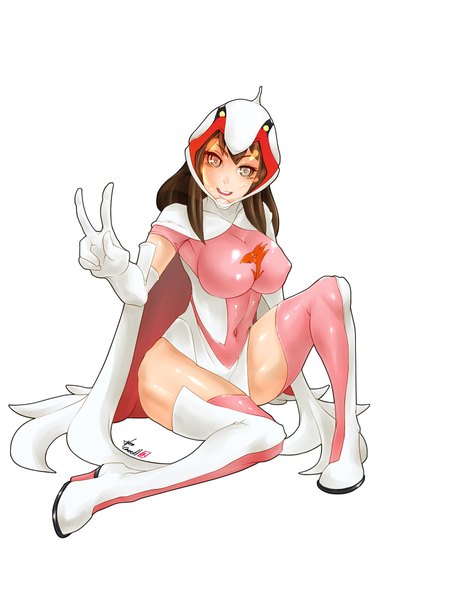Anime picture 1500x2000 with gatchaman crowds tatsunoko ichinose hajime caooll (co-ohol) single long hair tall image looking at viewer fringe breasts open mouth light erotic simple background smile large breasts white background grey eyes girl gloves navel