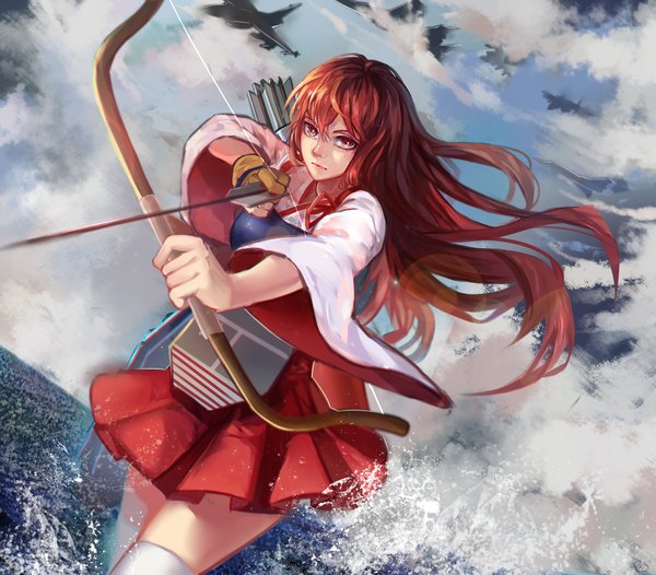 Anime picture 2480x2176 with kantai collection akagi aircraft carrier renshen single long hair highres red eyes sky cloud (clouds) red hair pleated skirt girl thighhighs skirt weapon white thighhighs water sea armor single glove