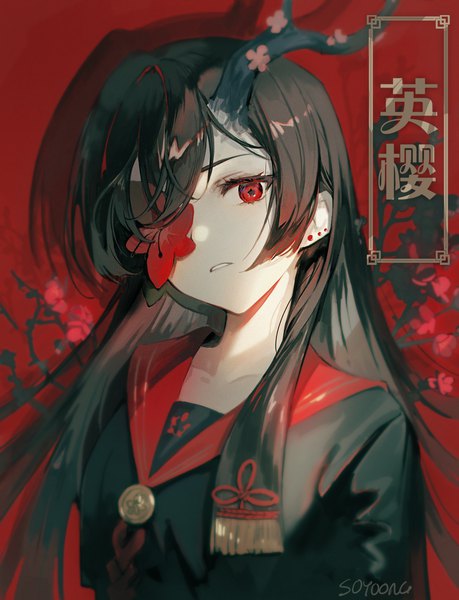 Anime picture 1275x1667 with original soyoong jun single long hair tall image looking at viewer black hair red eyes signed payot upper body head tilt horn (horns) shadow piercing ear piercing red background flower over eye girl uniform
