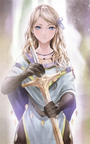 Anime picture 900x1434 with original porino single long hair tall image looking at viewer blue eyes blonde hair holding alternate costume wavy hair girl gloves weapon earrings sword choker black gloves elbow gloves