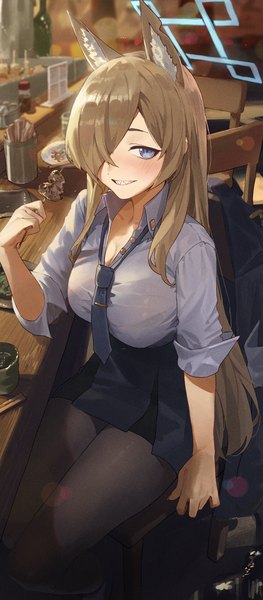 Anime picture 2000x4558 with blue archive kanna (blue archive) kji (rozo) single long hair tall image looking at viewer blush fringe highres breasts blue eyes blonde hair smile large breasts sitting holding animal ears cleavage bent knee (knees)