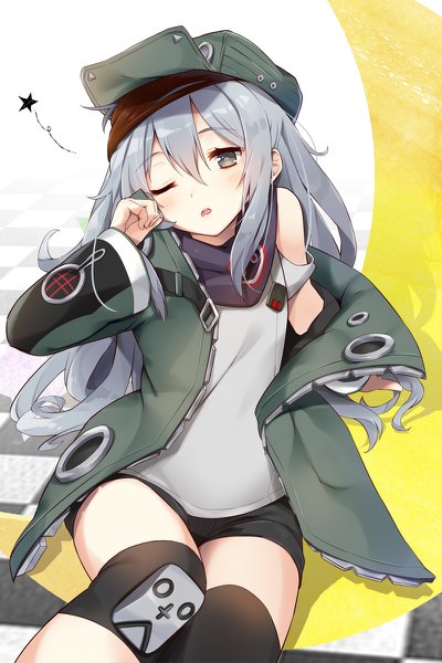 Anime picture 800x1200 with girls frontline g11 (girls frontline) kutata (artist) single long hair tall image looking at viewer blush fringe open mouth hair between eyes sitting brown eyes payot head tilt one eye closed grey hair off shoulder open jacket sleepy