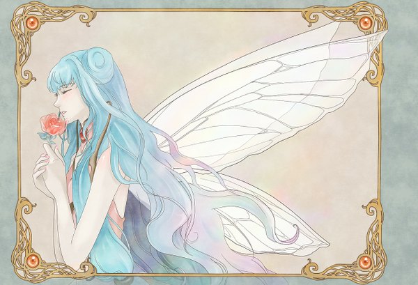 Anime picture 1266x864 with magic knight rayearth clamp primela single blush bare shoulders eyes closed aqua hair framed fairy girl wings rose (roses)