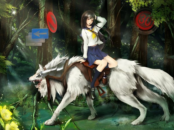 Anime picture 1600x1200 with original sau long hair looking at viewer open mouth red eyes brown hair sitting pleated skirt teeth fang (fangs) walking girl skirt uniform flower (flowers) plant (plants) school uniform animal tree (trees)