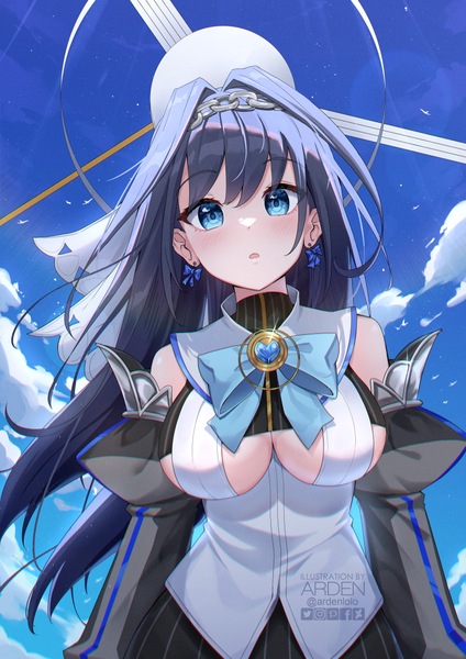 Anime picture 842x1191 with virtual youtuber hololive hololive english ouro kronii ouro kronii (1st costume) ardenlolo single long hair tall image fringe breasts blue eyes light erotic black hair hair between eyes large breasts standing signed sky cloud (clouds)