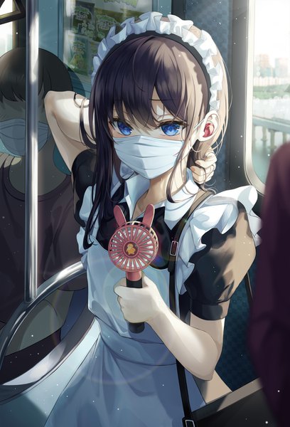 Anime picture 4084x6000 with original gongha long hair tall image blush fringe highres blue eyes black hair hair between eyes standing holding looking away absurdres arm up short sleeves maid sweat solo focus train interior