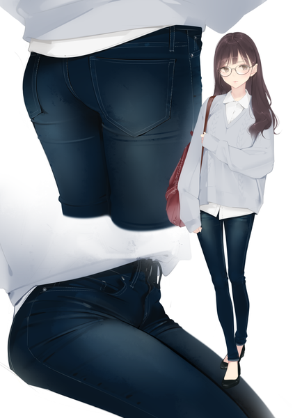 Anime picture 795x1100 with original ama mitsuki long hair tall image fringe light erotic simple background brown hair standing white background brown eyes signed looking away full body ass long sleeves twitter username sleeves past wrists multiview head out of frame