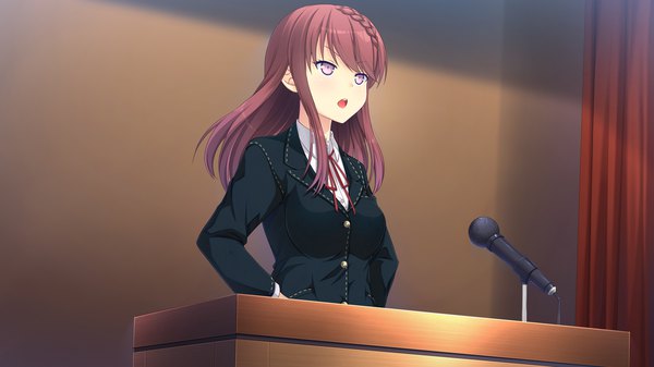 Anime picture 2560x1440 with kanojo step kano shiina single long hair highres open mouth brown hair wide image purple eyes game cg girl uniform school uniform microphone