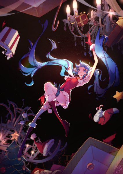 Anime picture 1200x1697 with vocaloid hatsune miku yuzibushijiang single long hair tall image looking at viewer breasts open mouth blue eyes light erotic twintails blue hair full body bent knee (knees) arm up high heels fur trim christmas dark background