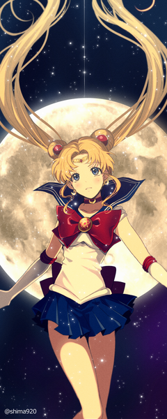 Anime picture 600x1500 with bishoujo senshi sailor moon toei animation tsukino usagi sailor moon mashima shima single long hair tall image fringe breasts blue eyes blonde hair twintails bent knee (knees) pleated skirt night girl skirt gloves miniskirt