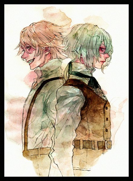 Anime picture 773x1050 with sound horizon roman minato.666 long hair tall image looking at viewer short hair blonde hair smile brown eyes green hair multiple boys teeth grey eyes grin framed back to back traditional media watercolor (medium) boy