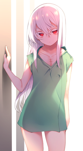 Anime picture 662x1200 with original otokuyou single long hair tall image looking at viewer fringe simple background hair between eyes red eyes standing white background payot white hair sleeveless scar albino girl dress short dress