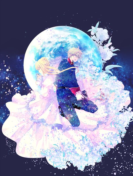 Anime picture 1024x1353 with aldnoah.zero a-1 pictures slaine troyard asseylum vers allusia shiyang long hair tall image fringe short hair open mouth blonde hair looking away bent knee (knees) braid (braids) eyes closed long sleeves night puffy sleeves night sky space