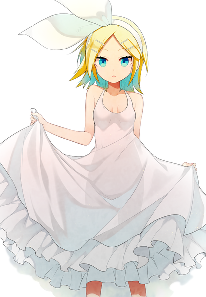 Anime picture 694x1000 with vocaloid kagamine rin akemaru single tall image looking at viewer short hair breasts open mouth light erotic simple background blonde hair white background bare shoulders holding parted lips multicolored hair aqua eyes aqua hair no bra