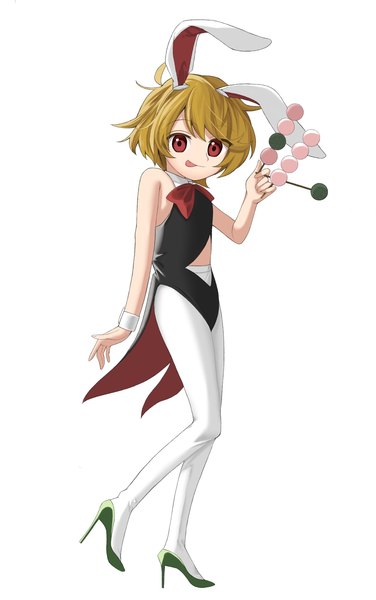 Anime picture 1283x2048 with touhou ringo (touhou) keiki8296 single tall image looking at viewer short hair light erotic simple background blonde hair red eyes standing white background animal ears full body tail animal tail high heels bunny ears standing on one leg