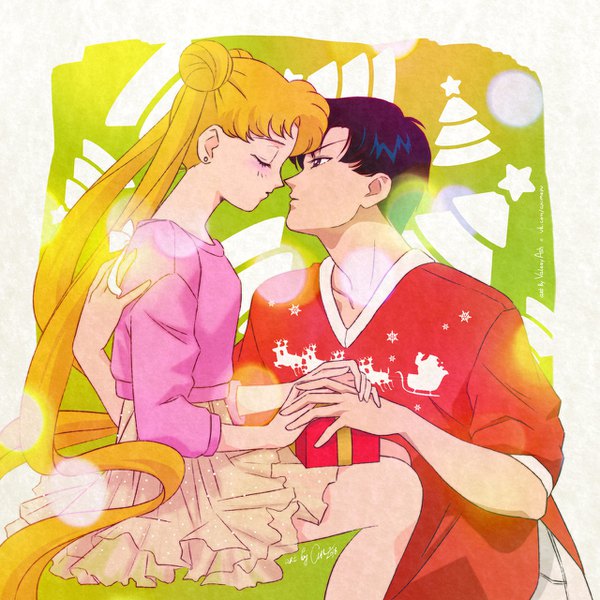 Anime picture 1280x1280 with bishoujo senshi sailor moon toei animation tsukino usagi chiba mamoru ash (valery ash) long hair blush short hair blonde hair sitting purple eyes twintails signed purple hair eyes closed profile hair bun (hair buns) leaning leaning forward couple